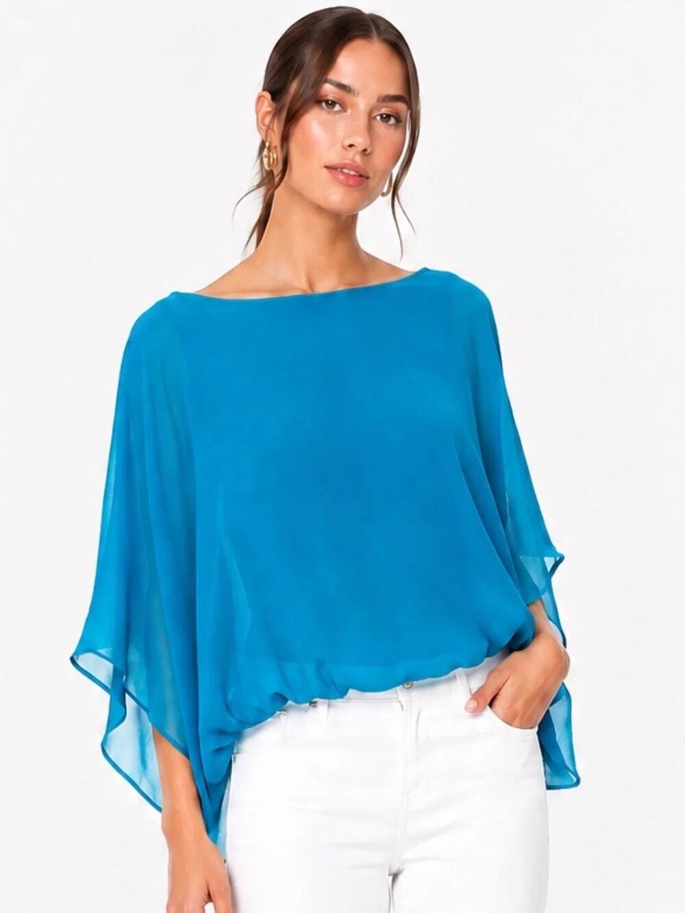 Alice + Olivia Noelle Butterfly Sleeve Bubble Hem Blouse Top Blue Women's Size M